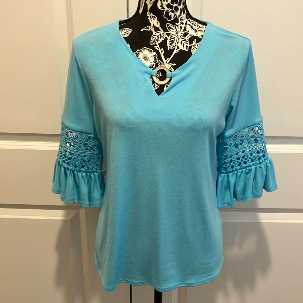 JM Collection Blue Blouse with Ruffled Bell Sleeves